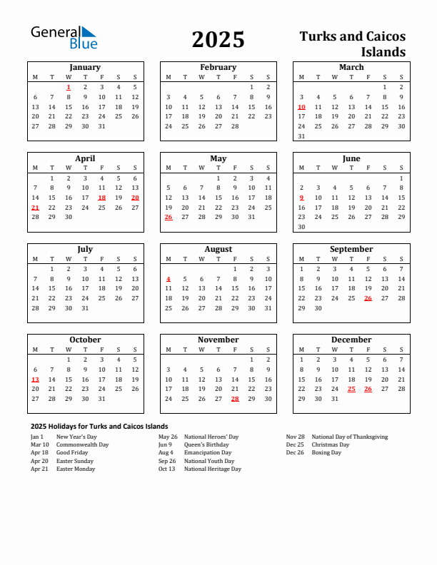 2025 Turks and Caicos Islands Holiday Calendar - Monday Start