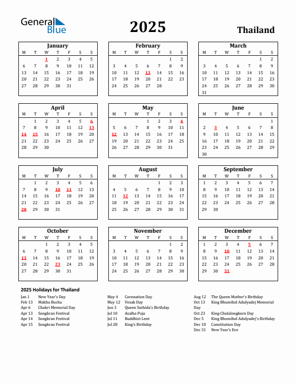 2025 Thailand Holiday Calendar - Monday Start