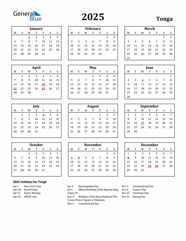 2025 Tonga Holiday Calendar - Monday Start