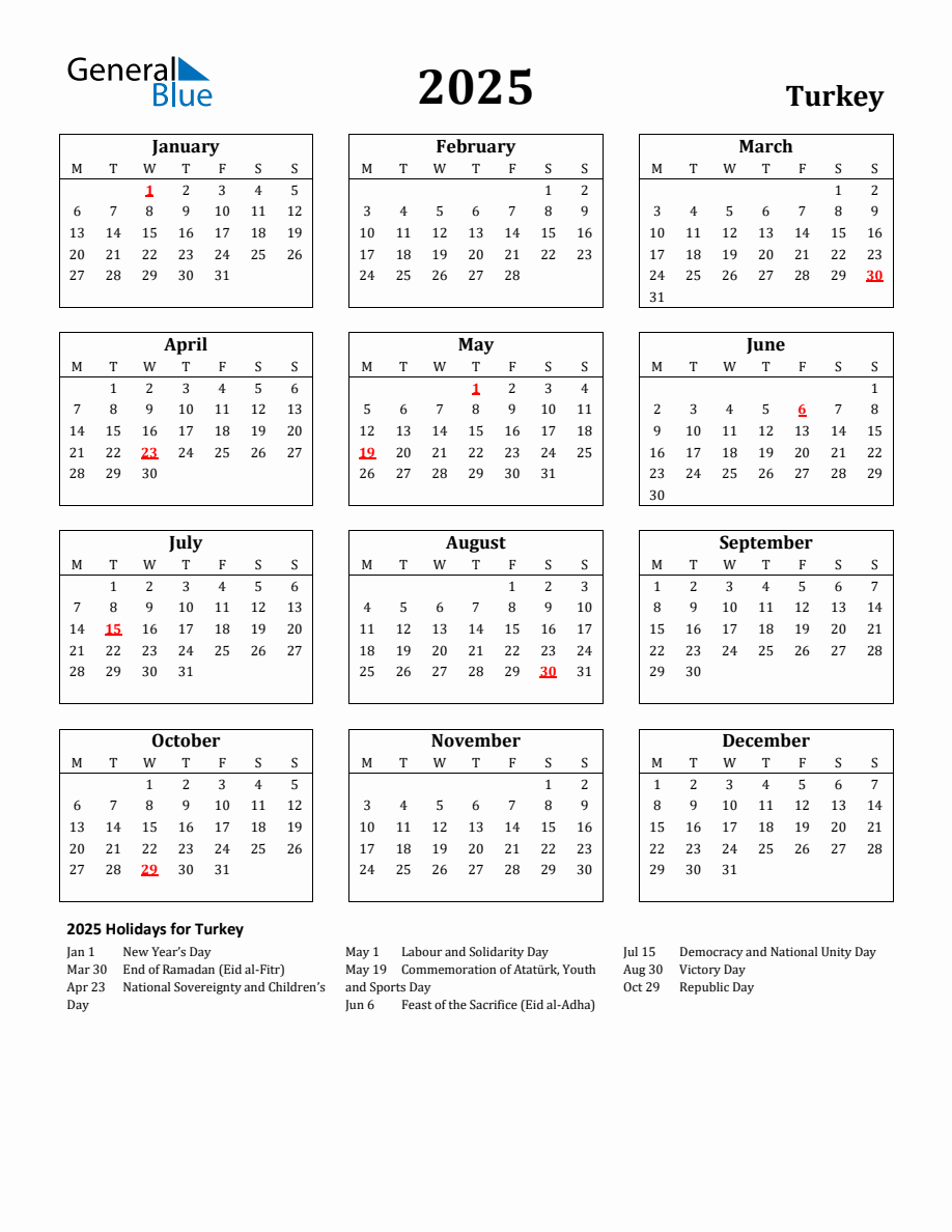 Free Printable 2025 Turkey Holiday Calendar Monday Start