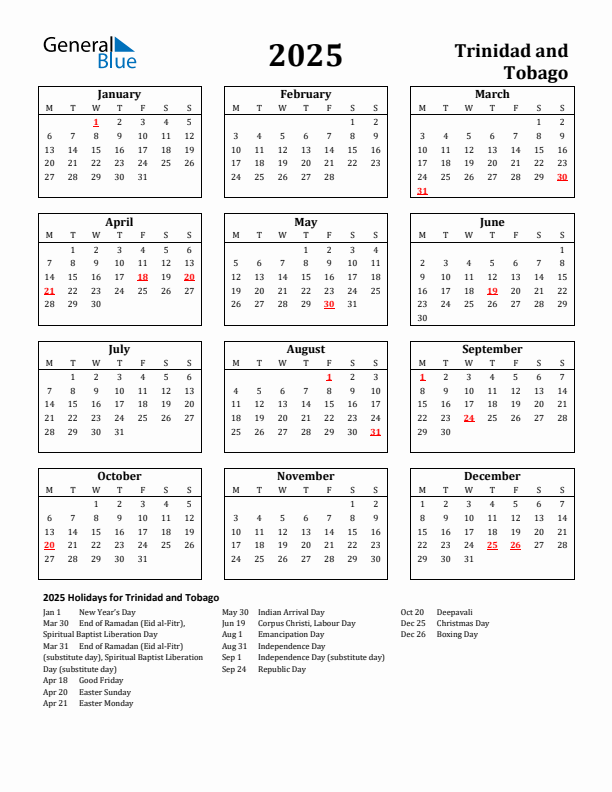2025 Trinidad and Tobago Holiday Calendar - Monday Start
