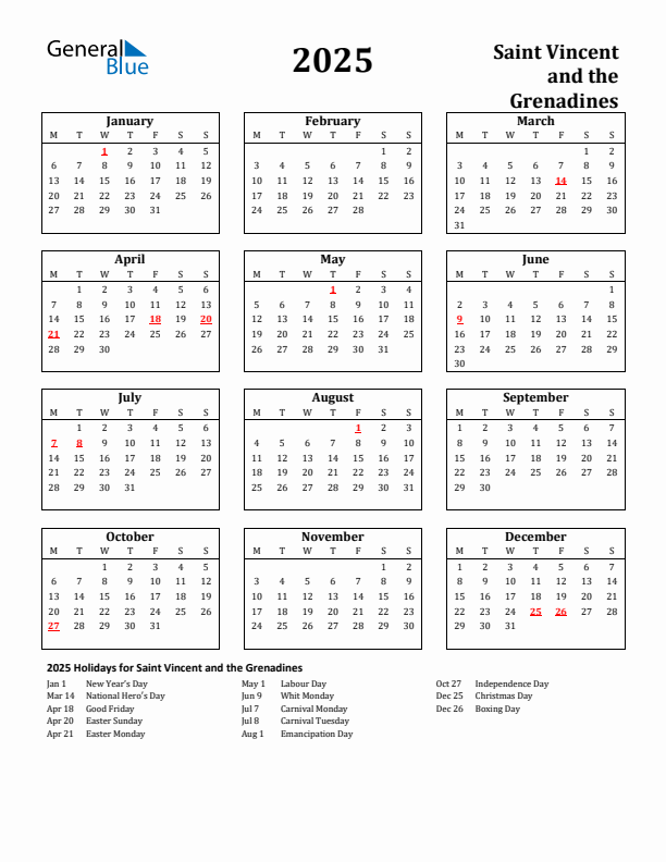 2025 Saint Vincent and the Grenadines Holiday Calendar - Monday Start