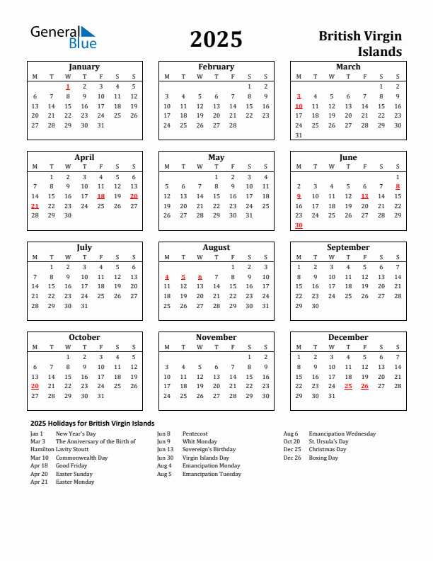 2025 British Virgin Islands Holiday Calendar - Monday Start