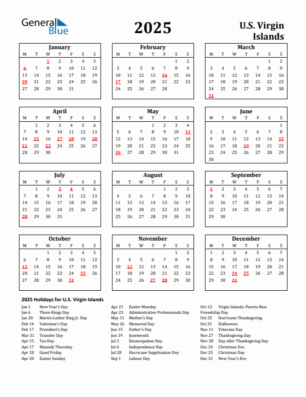 2025 U.S. Virgin Islands Holiday Calendar - Monday Start