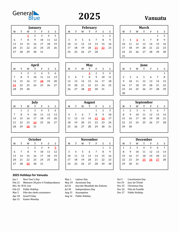 2025 Vanuatu Holiday Calendar - Monday Start