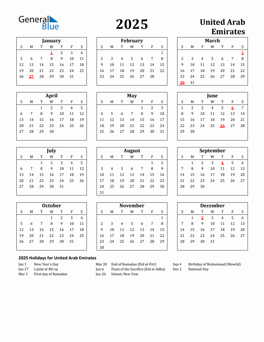 Free Printable 2025 United Arab Emirates Holiday Calendar