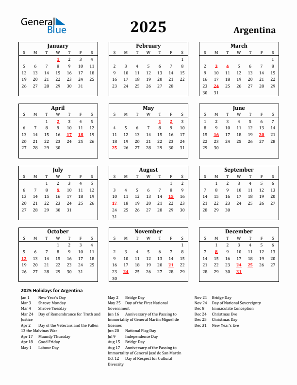 2025 Argentina Holiday Calendar - Sunday Start