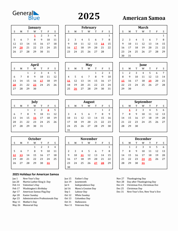 2025 American Samoa Holiday Calendar - Sunday Start
