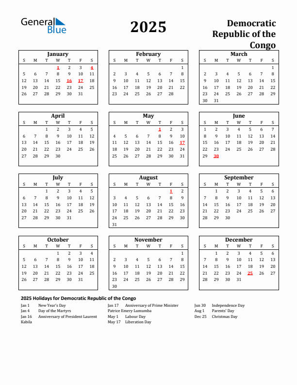 2025 Democratic Republic of the Congo Holiday Calendar - Sunday Start