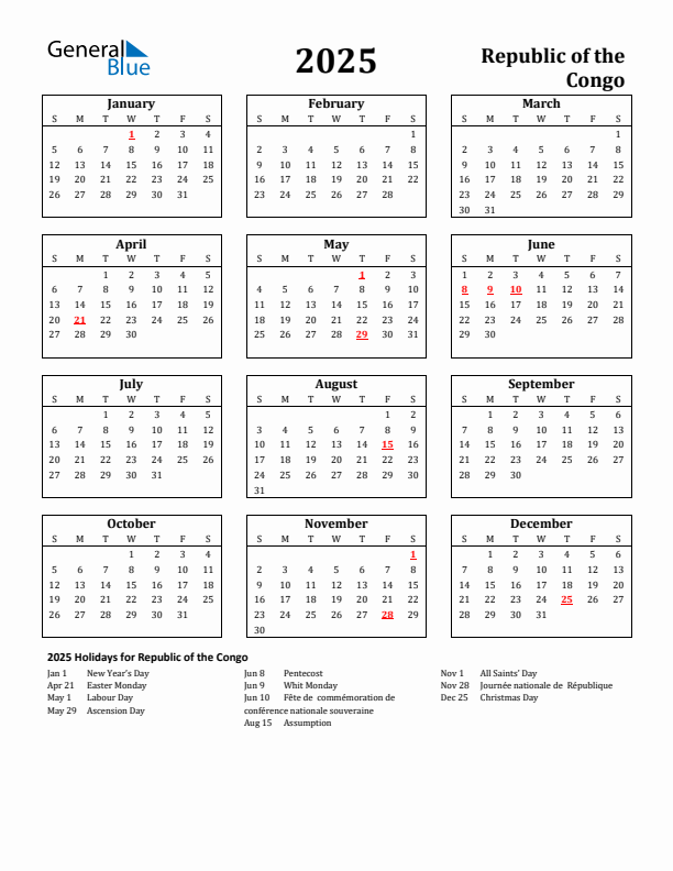 2025 Republic of the Congo Holiday Calendar - Sunday Start