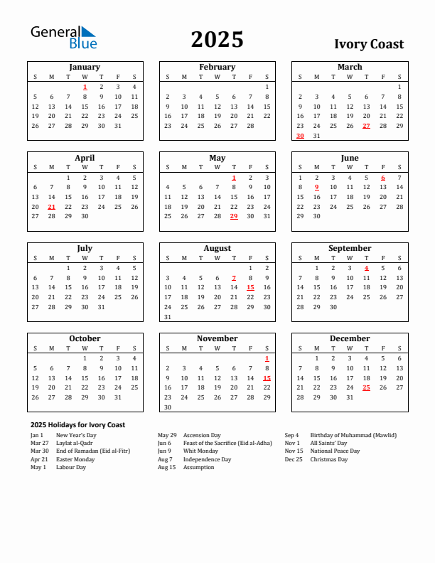 2025 Ivory Coast Holiday Calendar - Sunday Start