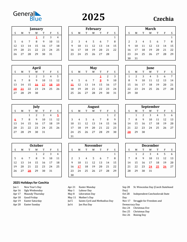 2025 Czechia Holiday Calendar - Sunday Start