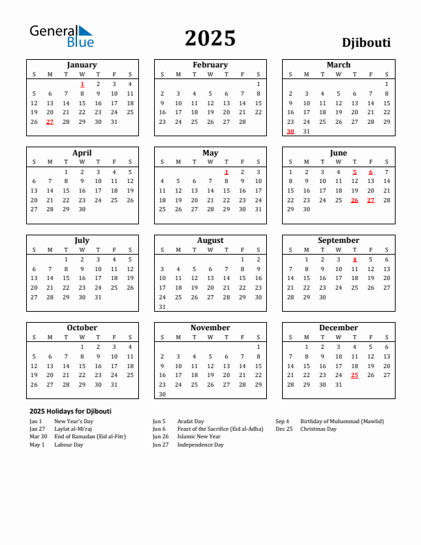 2025 Djibouti Holiday Calendar - Sunday Start