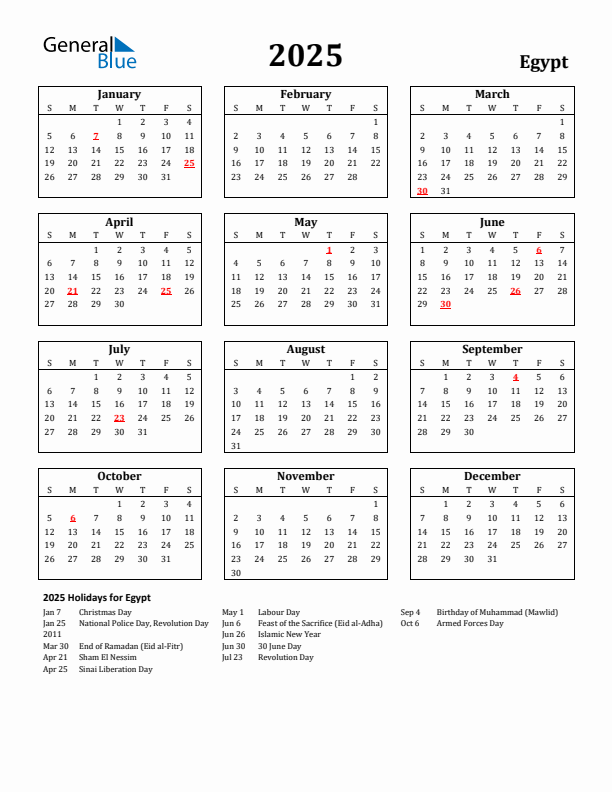 2025 Egypt Holiday Calendar - Sunday Start