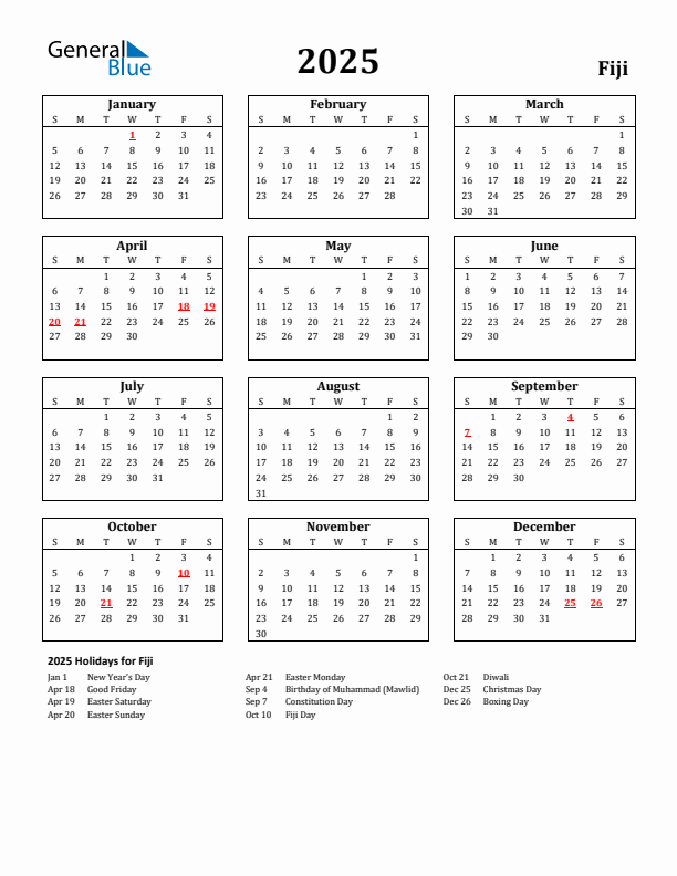 2025 Fiji Holiday Calendar - Sunday Start