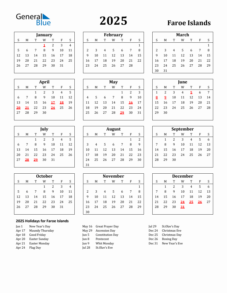 Free Printable 2025 Faroe Islands Holiday Calendar