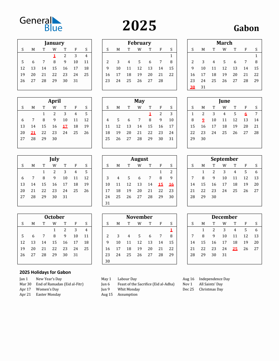 Free Printable 2025 Gabon Holiday Calendar