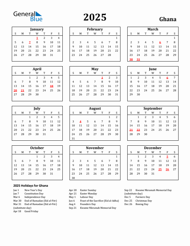 2025 Ghana Holiday Calendar - Sunday Start