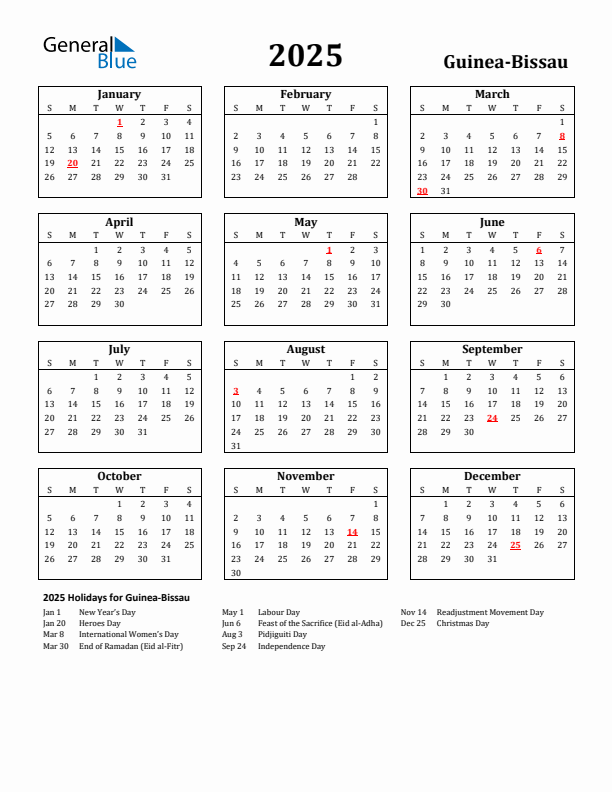 2025 Guinea-Bissau Holiday Calendar - Sunday Start