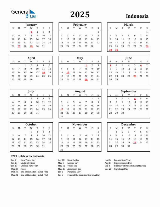2025 Indonesia Holiday Calendar - Sunday Start