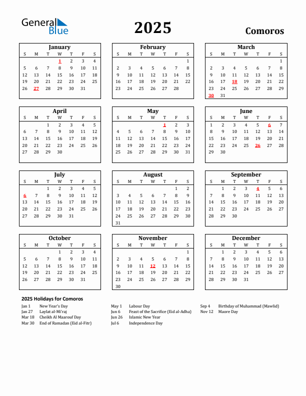 2025 Comoros Holiday Calendar - Sunday Start