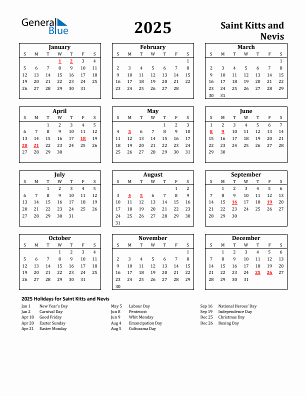2025 Saint Kitts and Nevis Holiday Calendar - Sunday Start