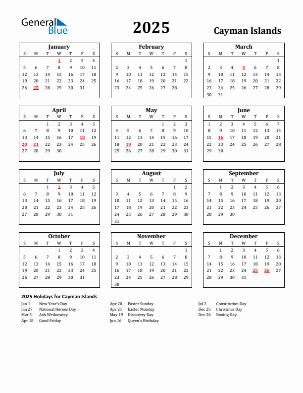 2025 Cayman Islands Holiday Calendar - Sunday Start