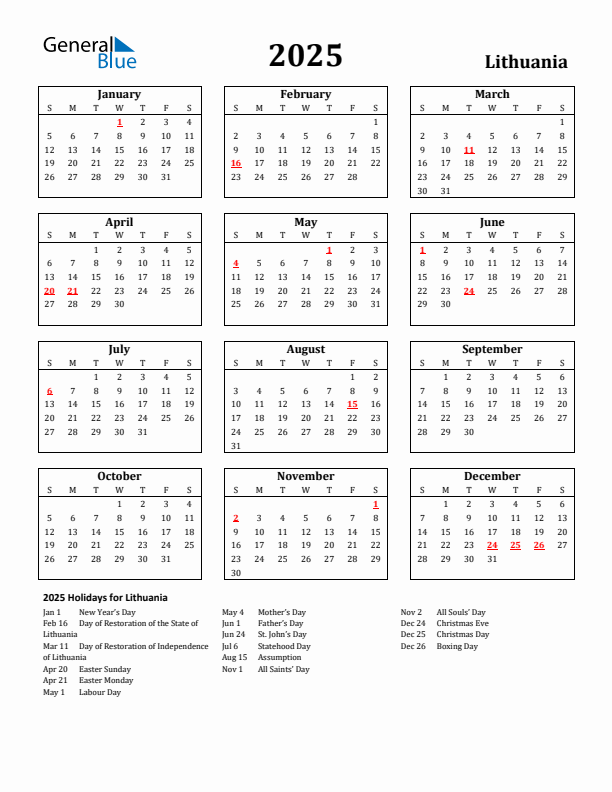2025 Lithuania Holiday Calendar - Sunday Start
