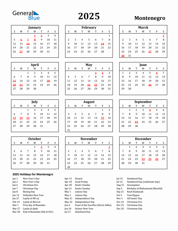 2025 Montenegro Holiday Calendar - Sunday Start