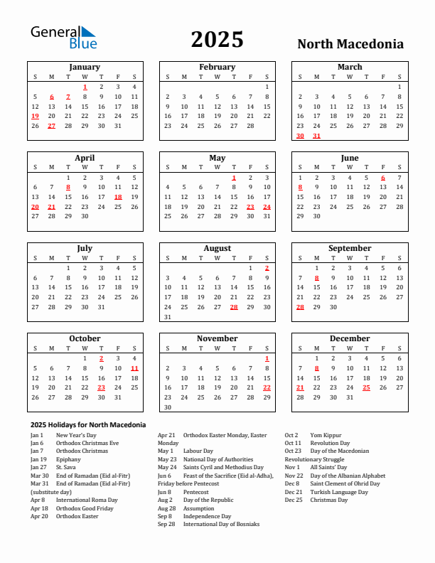 2025 North Macedonia Holiday Calendar - Sunday Start
