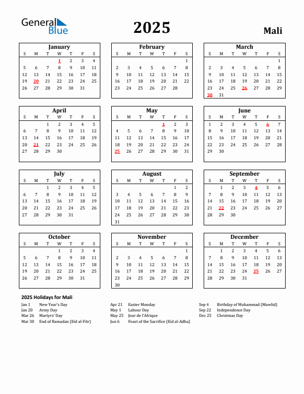 2025 Mali Holiday Calendar - Sunday Start