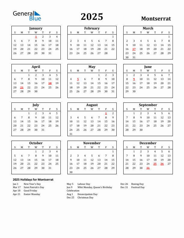 2025 Montserrat Holiday Calendar - Sunday Start