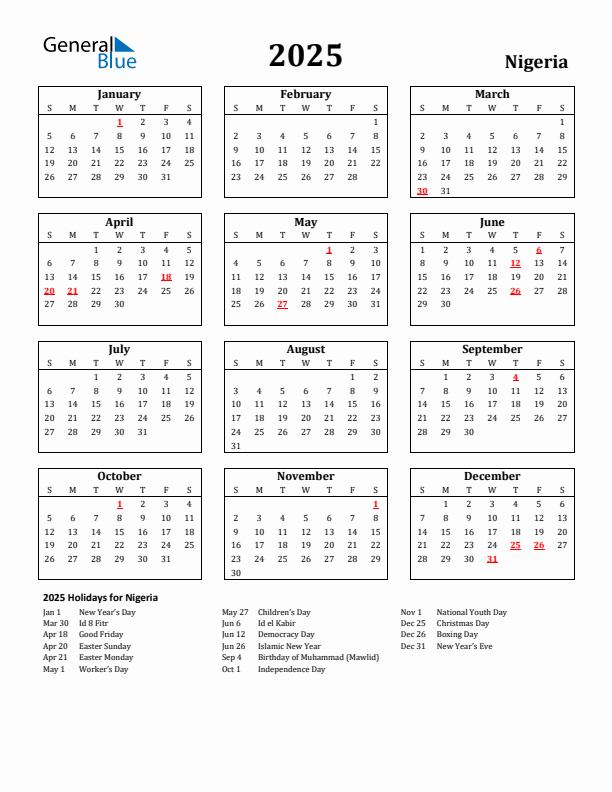 2025 Nigeria Holiday Calendar - Sunday Start