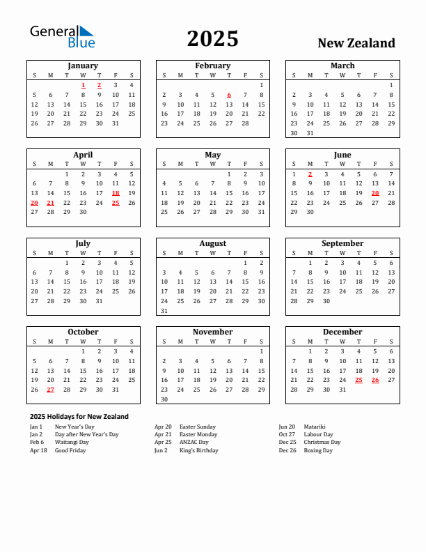 2025 New Zealand Calendar with Holidays