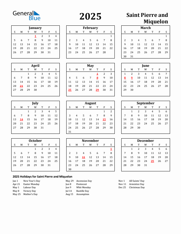 2025 Saint Pierre and Miquelon Holiday Calendar - Sunday Start