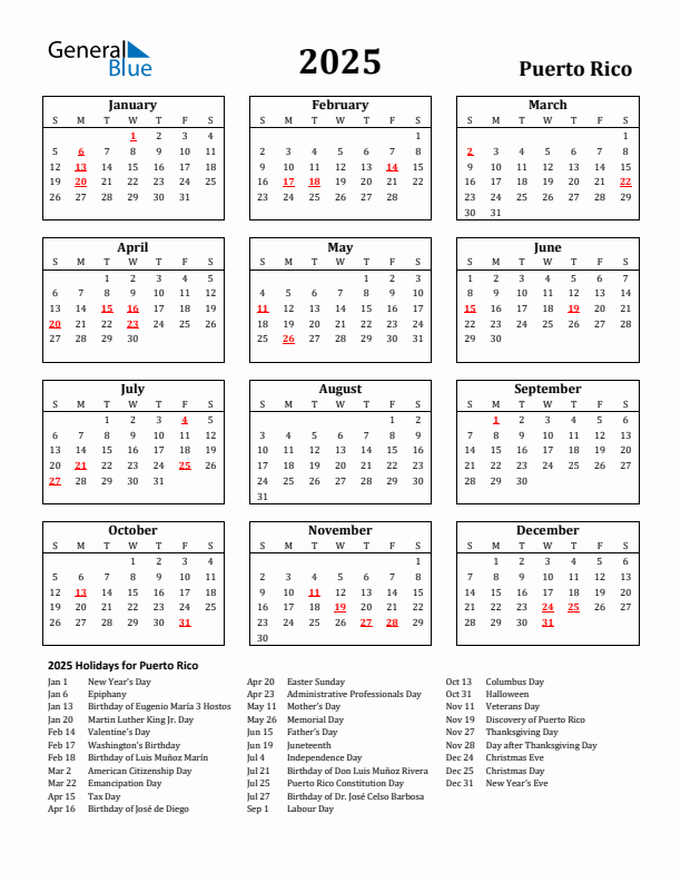2025 Puerto Rico Holiday Calendar - Sunday Start