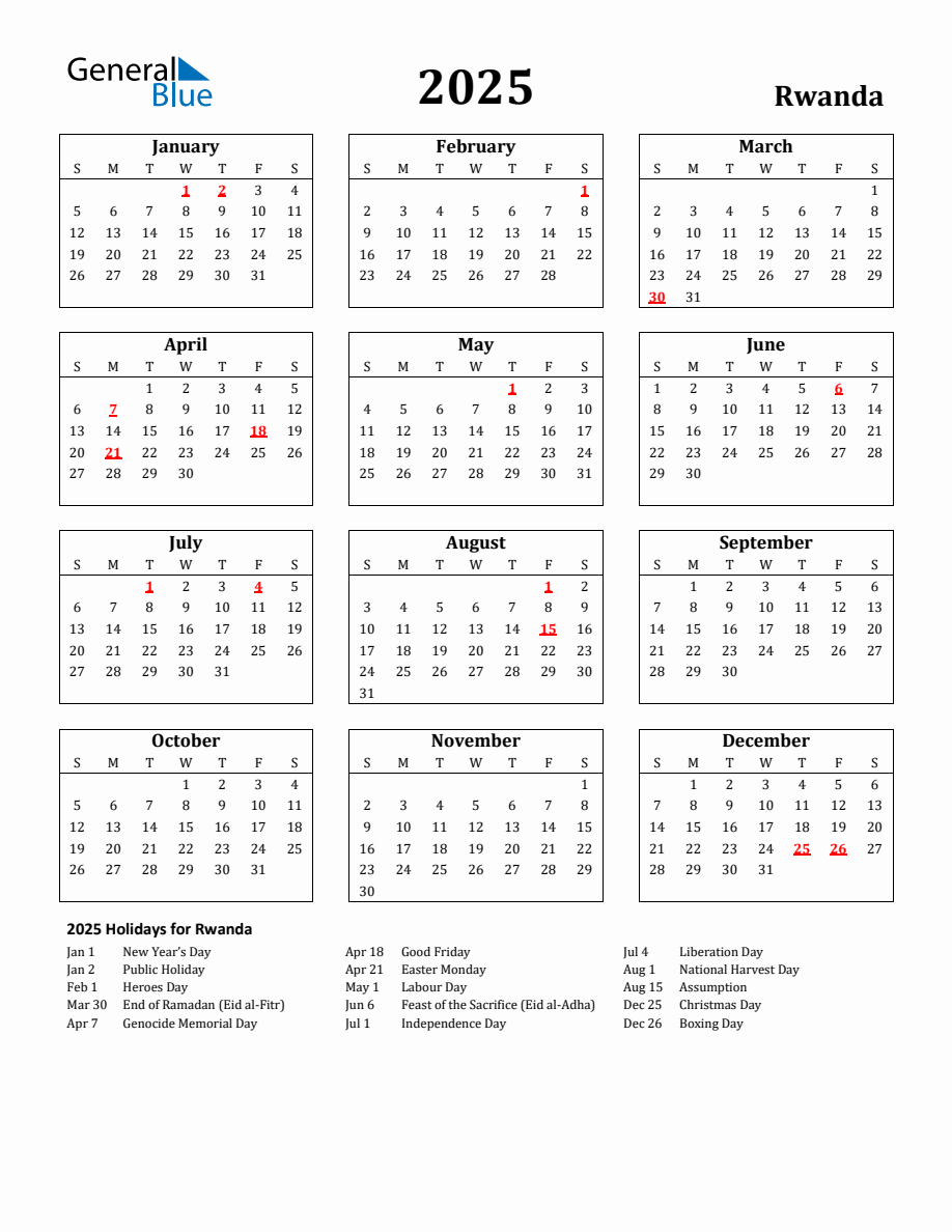 Calendar Rwanda Free Printable 2025 Rwanda Holiday Calendar