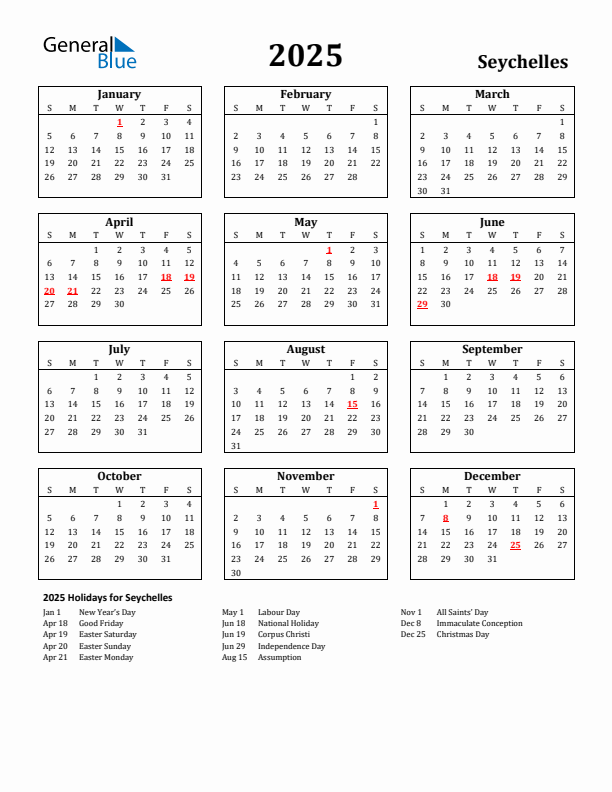 2025 Seychelles Holiday Calendar - Sunday Start