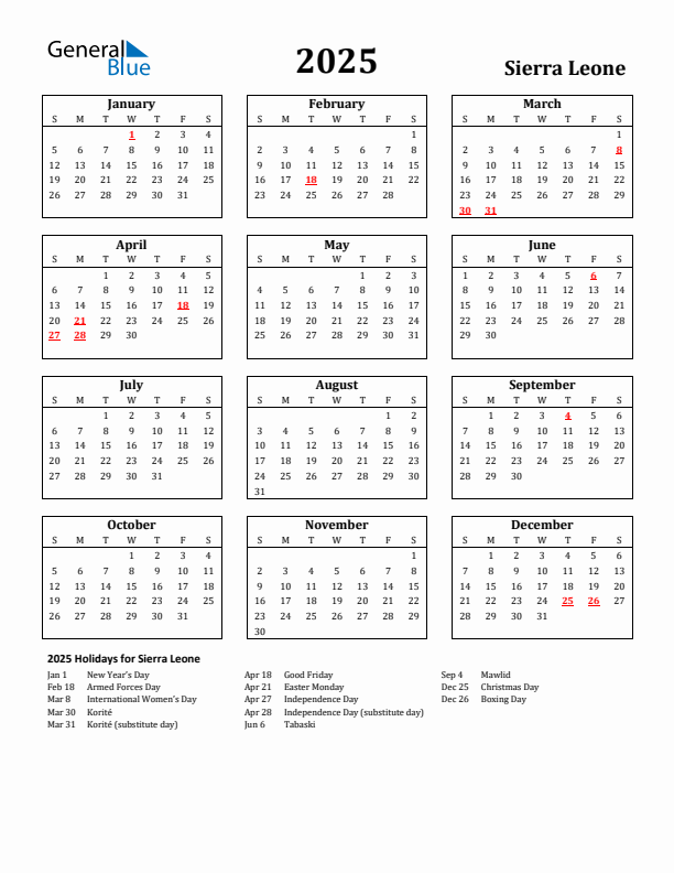 2025 Sierra Leone Holiday Calendar - Sunday Start
