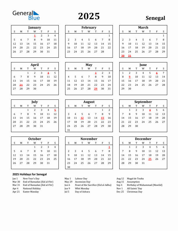 2025 Senegal Holiday Calendar - Sunday Start