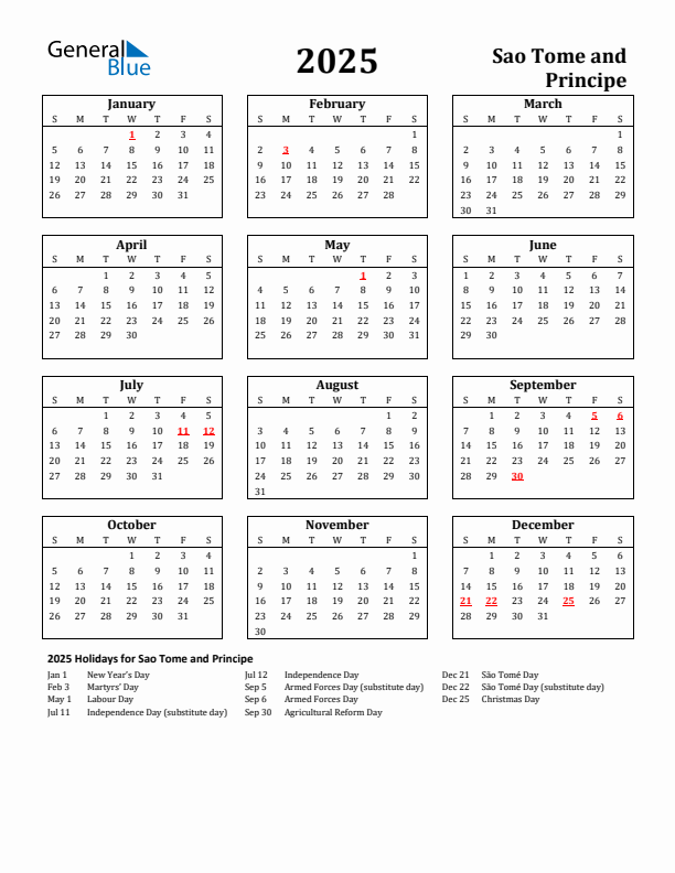 2025 Sao Tome and Principe Holiday Calendar - Sunday Start