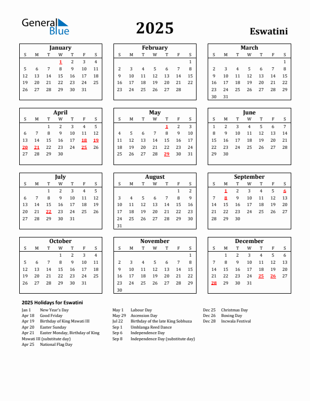 2025 Eswatini Holiday Calendar - Sunday Start