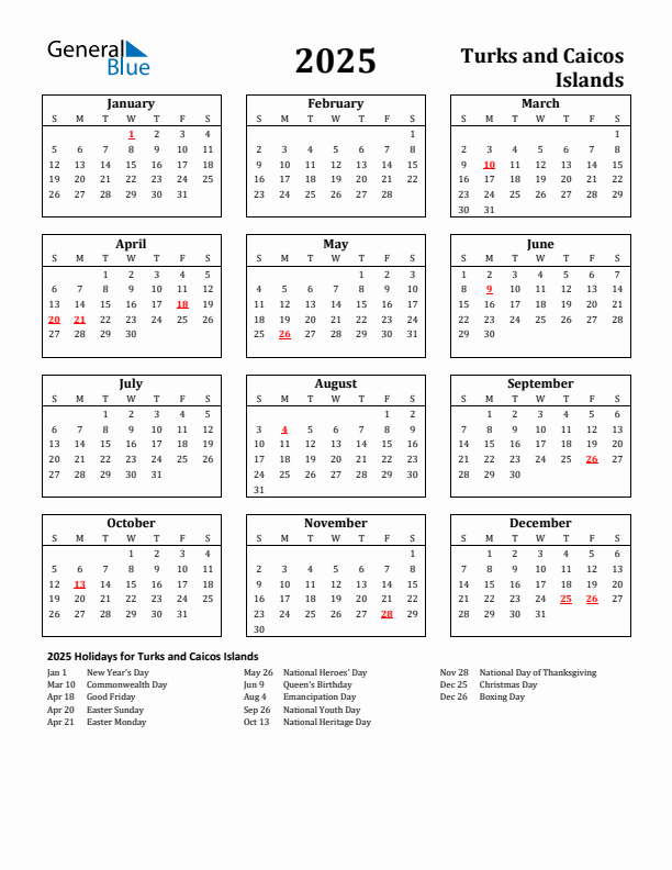 2025 Turks and Caicos Islands Holiday Calendar - Sunday Start