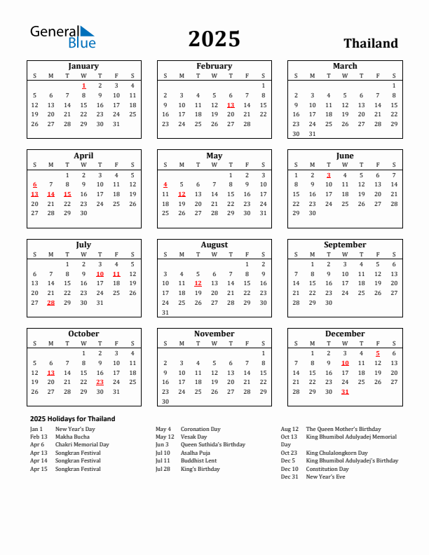 2025 Thailand Holiday Calendar - Sunday Start