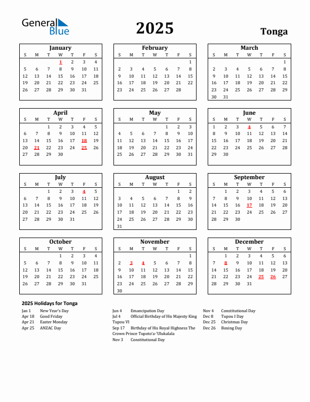 2025 Tonga Holiday Calendar - Sunday Start