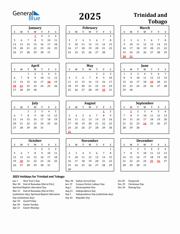 2025 Trinidad and Tobago Holiday Calendar - Sunday Start
