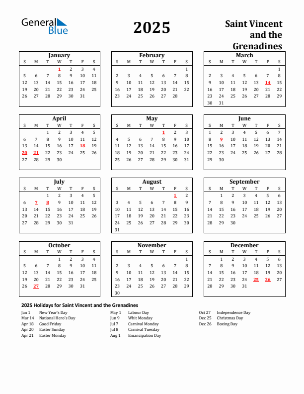 2025 Saint Vincent and the Grenadines Holiday Calendar - Sunday Start
