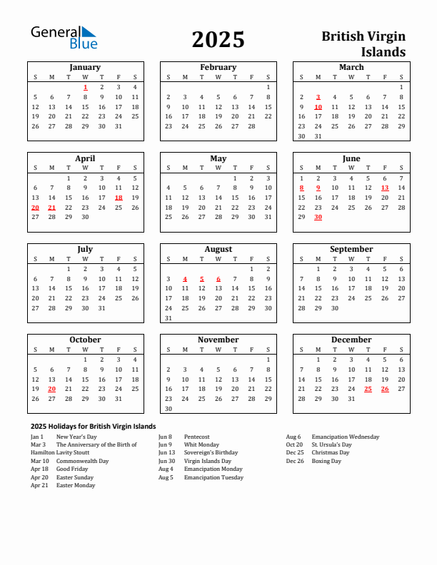 2025 British Virgin Islands Holiday Calendar - Sunday Start