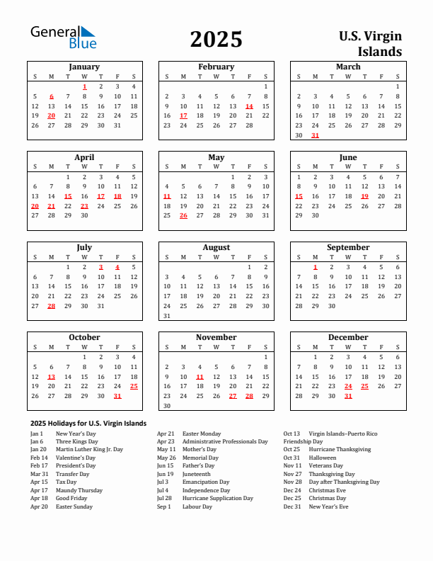 2025 U.S. Virgin Islands Holiday Calendar - Sunday Start