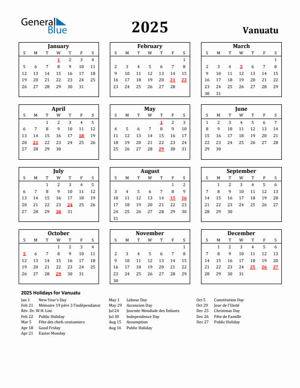 2025 Vanuatu Holiday Calendar - Sunday Start